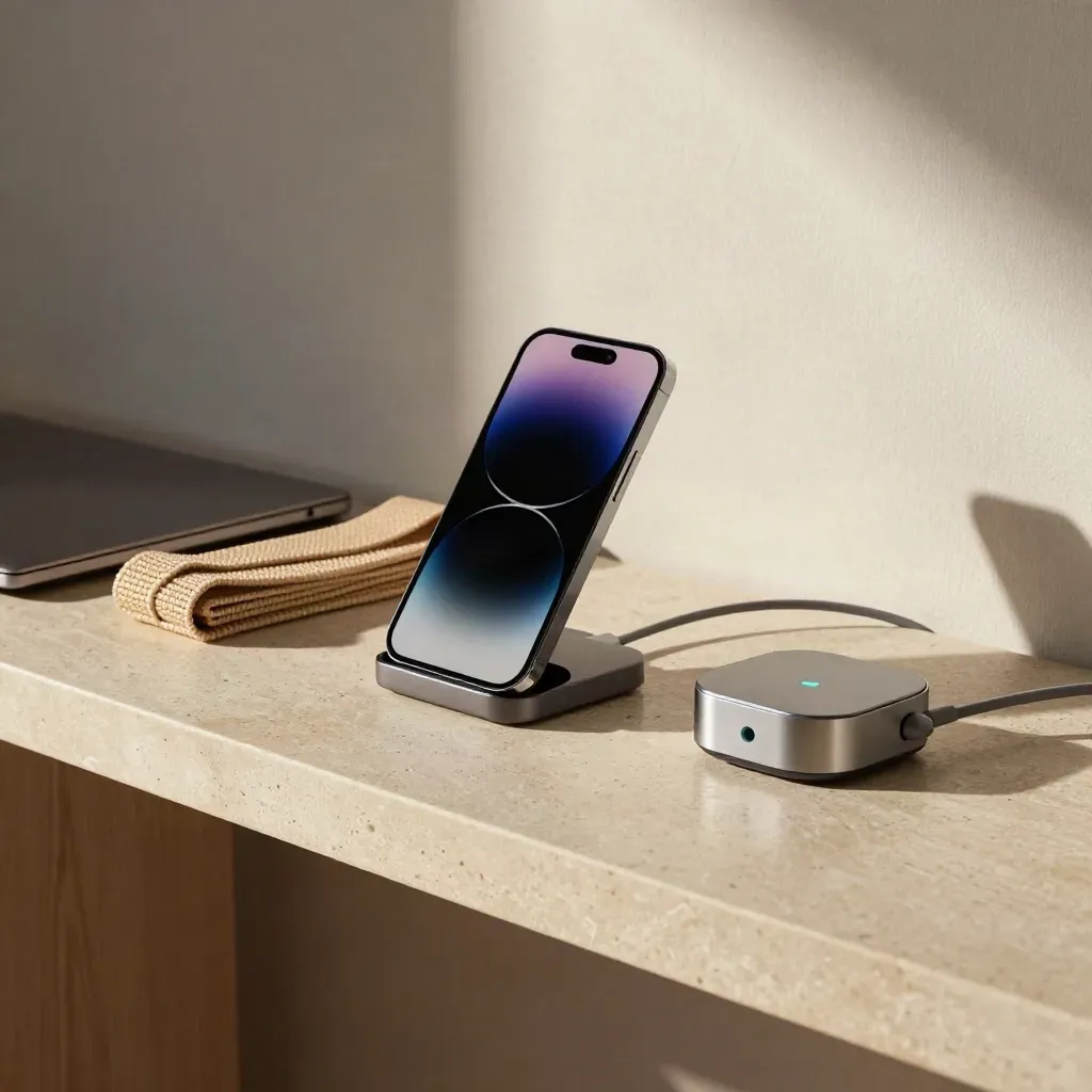 Smartphone dock, closed laptop, mat straps and automation hub on a wellness shelf, lit from upper left.