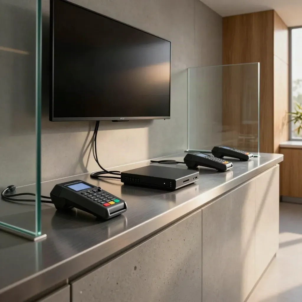 Three clinic booking terminals and a router on a dark counter, moody telehealth setup in a clinic.
