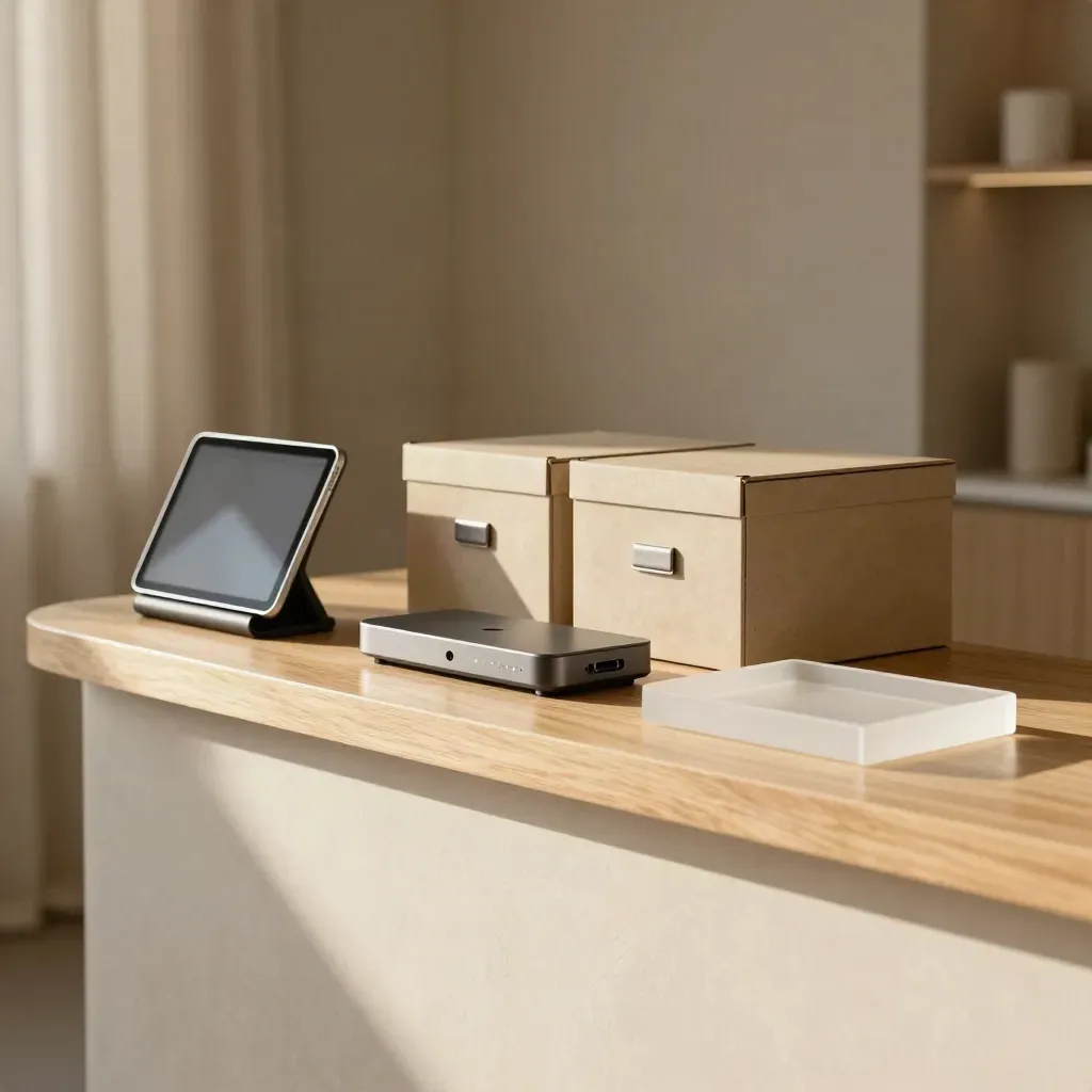 Tablet dock, card reader and storage boxes on a warm studio shelf in soft window light