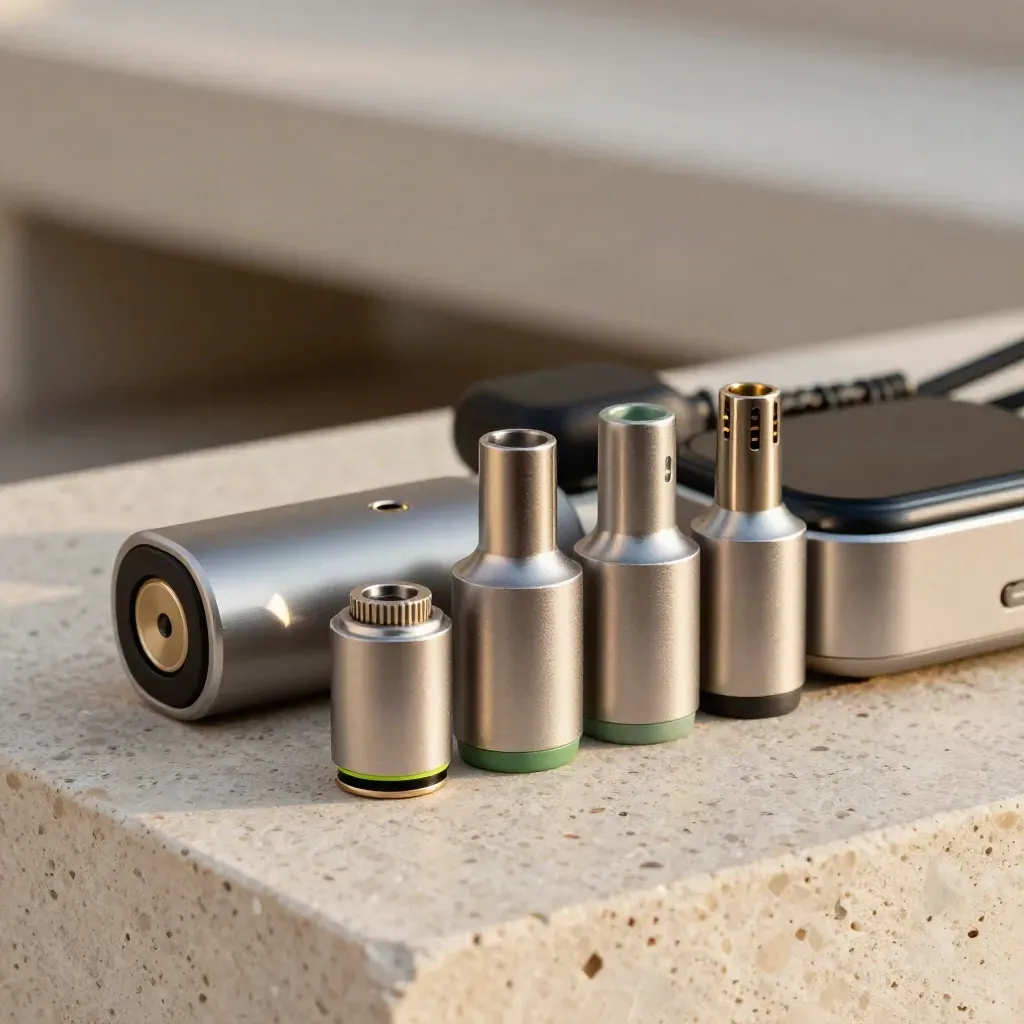 Close-up of wearable chargers and connector adapters on pale travertine stone.