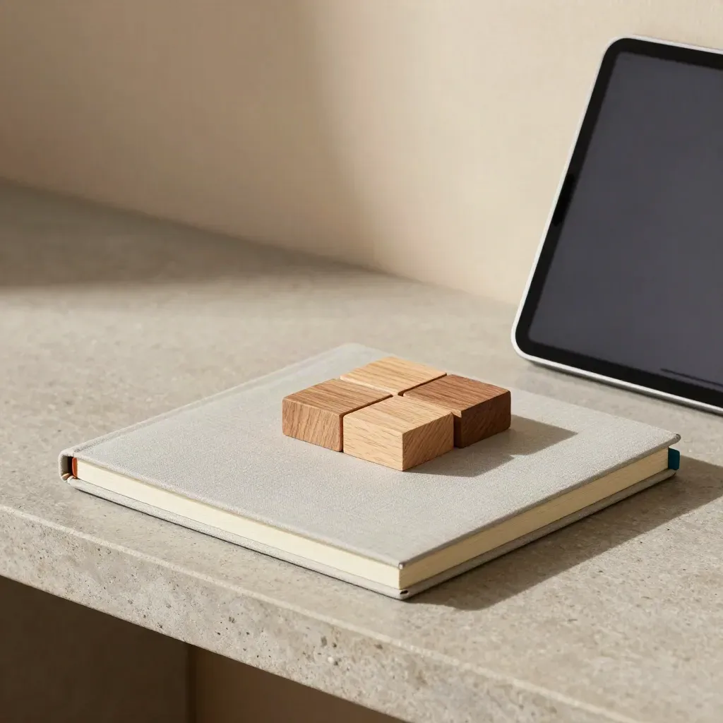 Notebook, wooden blocks and tablet stand arranged on a stone shelf in soft side light.