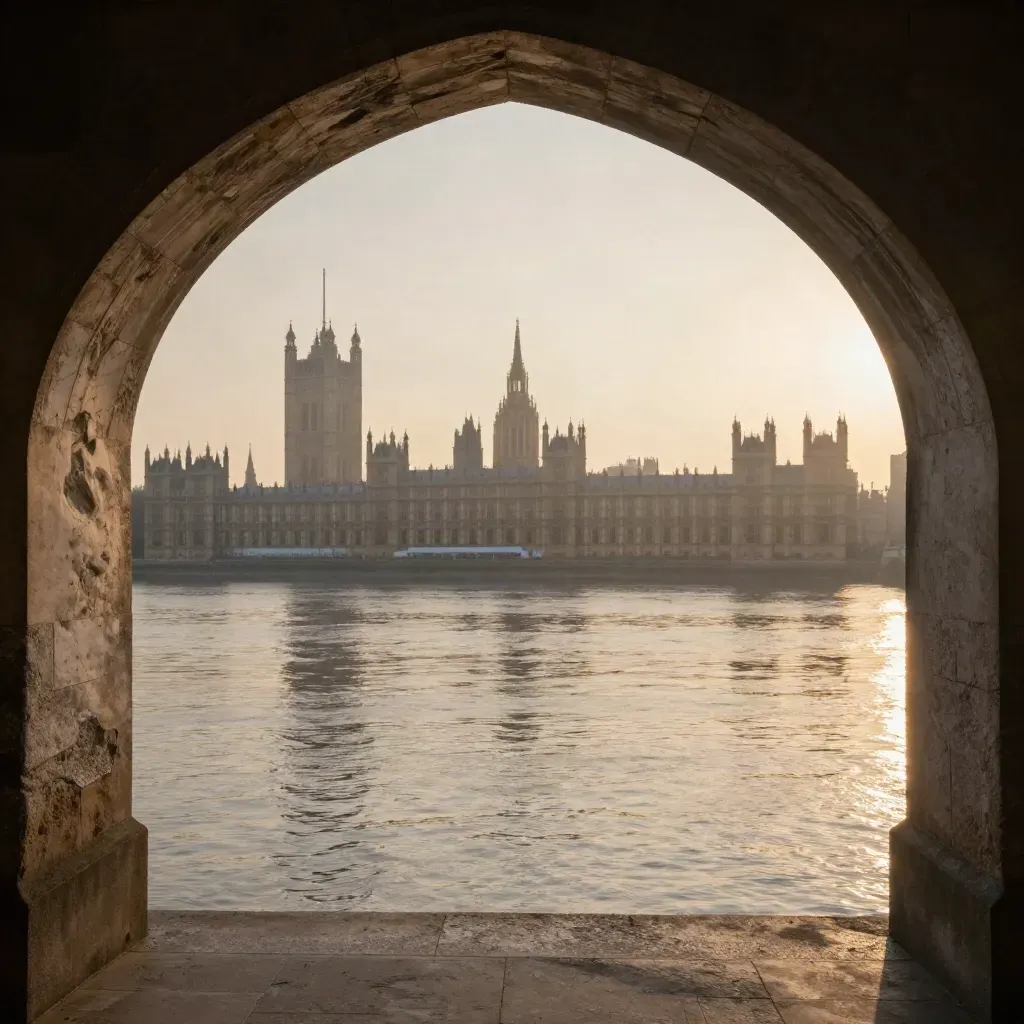 Westminster and the Thames through a stone arch at sunset, hazy and calm.