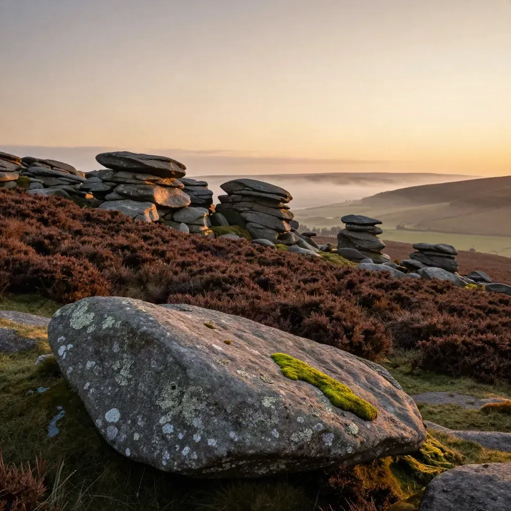 Dartmoor tors above misty heather slopes at amber dusk
